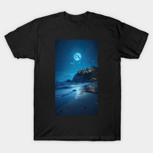 beach during the night with blue shining moon T-Shirt